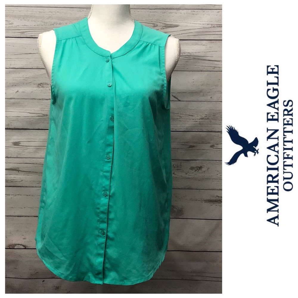 [ AEO ] Teal Sheer Back Button Blouse